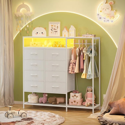 White Dresser for Bedroom with 8 Drawers, Bedroom Dressers with Hanging Rack, Clothes Storage Cabinet with Led Lights & Charging Station, 47 Inch Chest of Drawers with Shelves for Bedroom, Closet