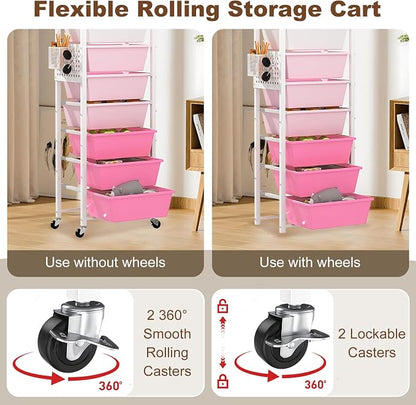 Rolling Cart with Drawers, Rolling Storage Cart with Large Plastic Drawers & Wooden Tabletop, Utility Cart with Pegboards & Basket, Storage Drawers Cart for Living Room, Classroom, Bedroom, Office