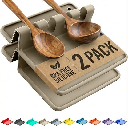 Cooler Kitchen Cream Silicone Spoon Rest for Stove Top with Drip Pad (Two Pack) - Heat-Resistant, BPA-Free Utensil Rest & Spoon Holder for Kitchen Counter - Grill Utensil Holder for Spatulas