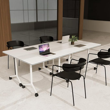 8pcs 61.0 Inch Folding Conference Table with Silent Wheels,Mobile foldable Flip Top Rectangular Meeting Tables for Office Training classroom,Locking Rolling Modular White Desk for Space Saving