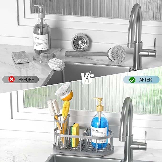 HOKEMOM Silver Sponge Holder for Kitchen Sink,Sink caddy organizer - 2.6mm Thick 304 Stainless Steel Caddy with Rust-Proof Coating, Non-Slip No-Drain Base. Dimensions: 9.84" x 4.72" x 5.83"