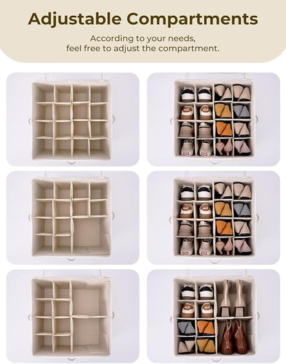 StorageWorks Shoe Organizer for Closet, Fits up to 16 Pairs, Shoe Cubby Storage Containers with Adjustable Dividers and Clear Cover, Khaki and Beige Stripes
