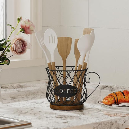 YINMIT K Cup Holder Organizer, Rustic Coffee Pod Holder Organizer, 35 Kcup Holder for Counter with Handle，Large Capacity Black Wire Coffee Capsule Basket for Kitchen Office Desktop (Circular Grid)