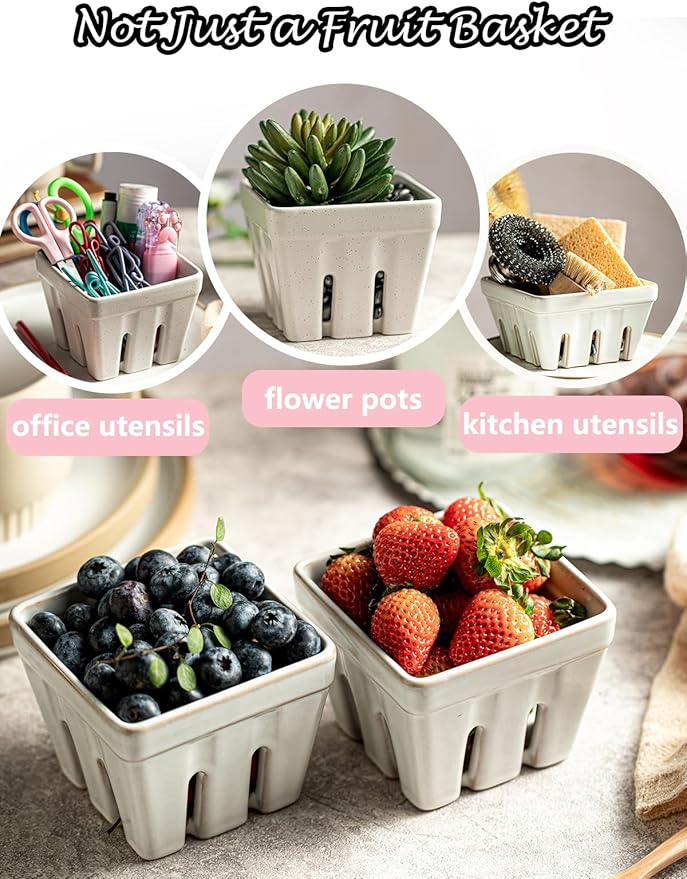 Gomakren Ceramic Fruit Basket Set of 2, Square Fruit Bowls with Holes, Rustic Berry Basket Containers for Kitchen Fridge, Berries, Strawberry, Grape, Cherry - Cream White