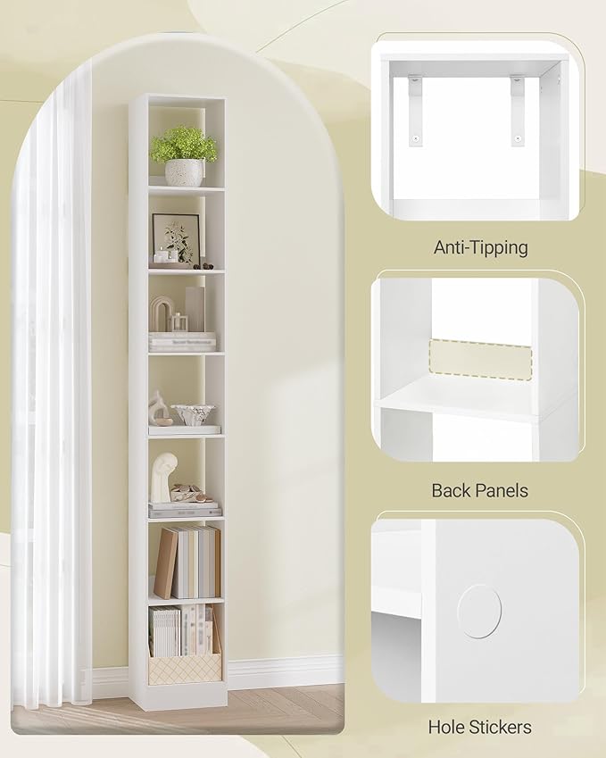 Hzuaneri Bookcase, Tall Narrow Bookshelf, Open Display Storage Shelf, Skinny Cube Book Shelf with Adjustable Shelves, CD Rack for Living Room, Home Office 7-Tier(9.4 x 11.8 x 84.3 inch) White BC79703X