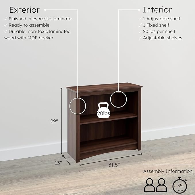 Prepac Sonoma 2-Tier Bookcase 29"H with 1 Adjustable Shelf, Espresso Storage Cabinet, Modern Display Cabinet, Bookshelf with Storage Shelves for Home Office, Living Room, Bedroom Organizer