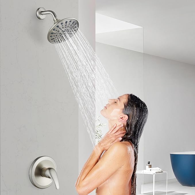gotonovo Shower Faucet Set Bathroom Shower Head and Handle Set Complete 6 Settings 6 inch Rainfall Shower Head Kit High Pressure Shower System Combo Shower Trim Kit with Valve Brushed Nickel