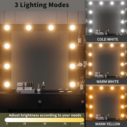 Vanity Desk with Power Outlet, Makeup Table with Mirror and 12 LED Lights, 3 Color Lighting Modes, 11 Drawers Makeup Vanity with 4 Shelves, Fold-up Panel, Vanity Set for Bedroom, Black