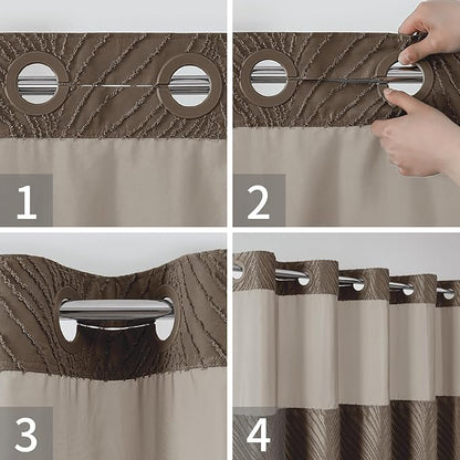 no Hook Shower Curtain and Liner Set，Boho Style with See Through Top Window, Brown Fabric Tufted Striped Textured Outer Curtain & Waterproof Inner Liner, Brown, 71Wx86H