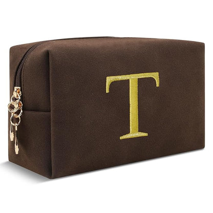 Personalized Initial Makeup Bag,Preppy Suede Cosmetic Bag for Teen Girls,Small Monogram Travel Toiletry Bag With Gold Embroidered Letter,Trendy Stuff Custom Christmas Gift for Women(Coffee-T)