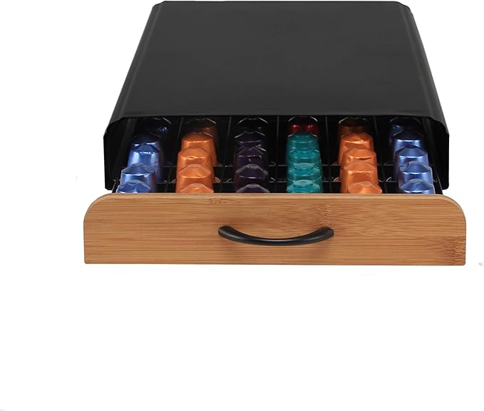 Flagship Coffee Pod Holder for Nespresso Originalline Capsule Holder Drawer Pod Storage Drawer 60 Capacity, Black Metal & Bamboo Coffee Drawer