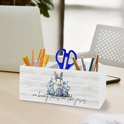 Chinoiserie Christian Easter Bunny Pen Pencil Holder Organizer for Desk Accessories, Blue and White Floral Rabbit Wooden Box Sign Desk Decor for Home Office Decoration, Easter Office Decor
