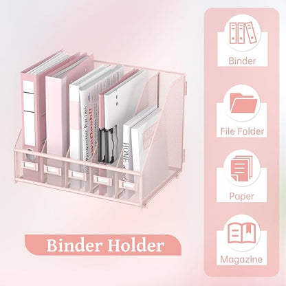 SUPEASY Desk Organizers Metal Desk Magazine File Holder with 5 Vertical Compartments Rack File Organizer for Office Desktop, Classroom, Home Workspace, Pink Plus