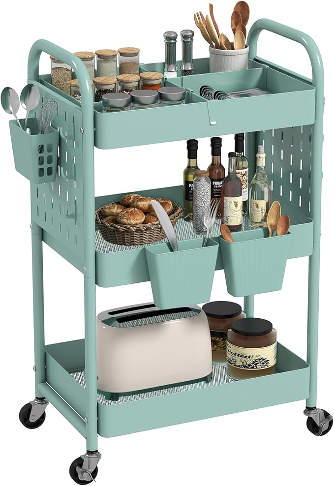 danpinera Rolling Cart, Movable Utility Organizer with Retractable Dividers & Pegboards for Kitchen, Bathroom, Office