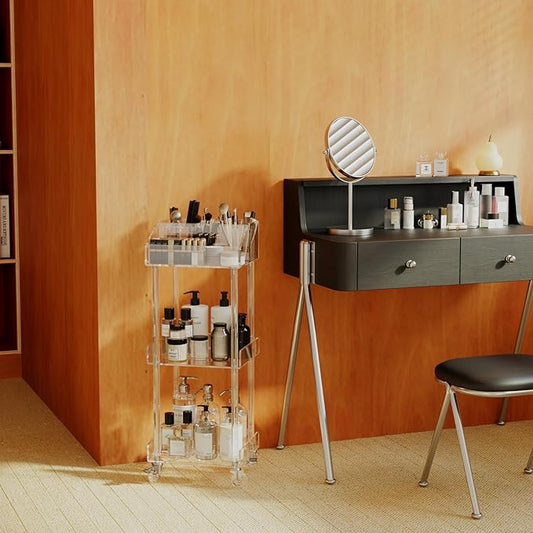 Aquiver Acrylic Makeup Organizer Storage Cart - 3 Tier Rolling Makeup Cart Vanity Organizer - Cosmetics Display Cases Holder for Skincare Cosmetics, 11.8'' L x 9.8'' W x 31.7'' H, Clear