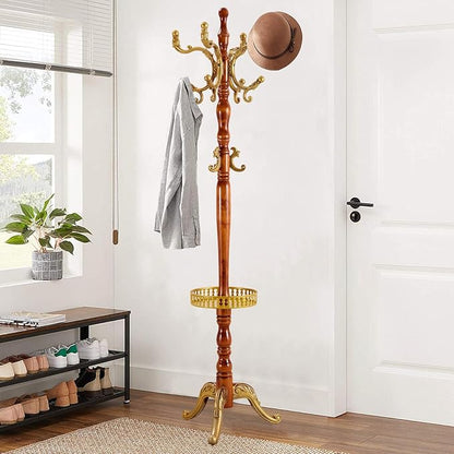 Wooden Coat Rack Freestanding, Vintage Coat Racks with Sturdy Round Base, Adjustable Height 37.40"-72.83" Entrance Coat Rack for Bedroom Living Room Entryway (Begonia Upgraded version)