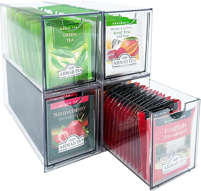 AZEZO 4-Pack Tea Bag Drawers Organizer - 4 Clear Plastic Drawer Tea Bag Holder; Stackable & Portable; Wider Size; Well-Organized Storage for Tea Bags & Kitchen Essentials