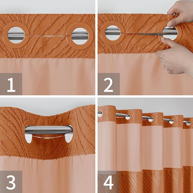 no Hook Shower Curtain and Fabric Liner Set，Thanksgiving Autumn Shower Curtain, Boho Tufted Striped Style with See Through Top Window,Orange, 71Wx74H