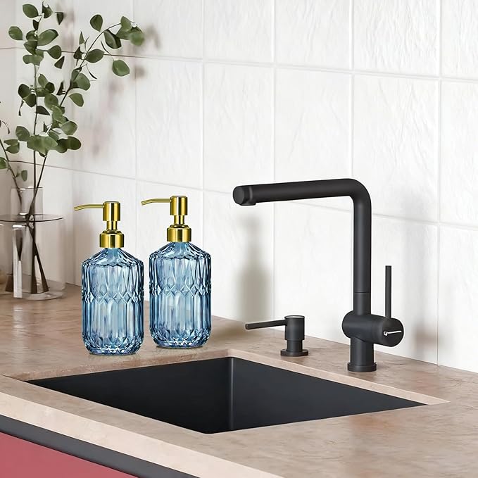 COHOSEGE 17 Oz Blue Glass Kitchen Soap Dispenser for Dish Soap, 2 Pack Bathroom Soap Dispenser Set with Gold Rust Proof Pump for Lotion, Hand soap or Body Wash