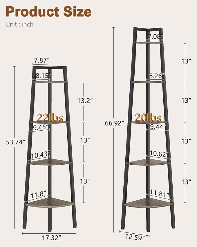 Hoctieon Corner Shelf, 4-Tier Corner Bookshelf, Rustic Ladder Shelf, Industrial Display Stand for Living Room, Kitchen, Home Office, Balcony, Small Space, Metal Frame, Grey