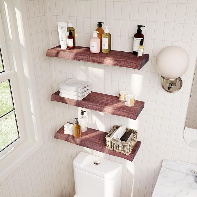 Howizz 24" Acacia Live Edge Floating Shelves Set of 2 - Wall Mounted Wooden Shelf for Stylish Home Décor - Cherry Color 24x7.5x1.5 Inches