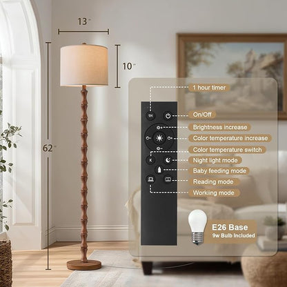 BOBOMOMO 62" Rustic Farmhouse Floor Lamp with Remote & Dimmable 9W Bulb, 3 Color Temperatures Tall Resin Standing Lamp, Retro Floor Lamp for Living Room, Bedroom, Office, Nursery, Reading Nock