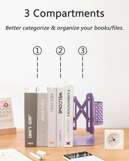 Kingsmile Book Ends, Adjustable Heavy Duty Metal Book Stoppers with Pen Holder for Desk Office Library Kids Room(Purple)