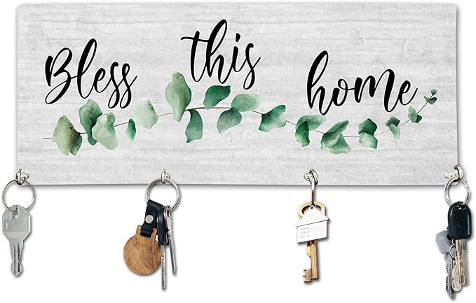 Bless This Home Wooden Key Holder for Wall - 5"x10" Key Organizer Hanger with 4 Hooks for Front Door Hallway Entryway Kitchen - Home Office Decor & Housewarming Gifts Supplies - A01