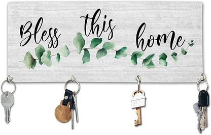 Bless This Home Wooden Key Holder for Wall - 5"x10" Key Organizer Hanger with 4 Hooks for Front Door Hallway Entryway Kitchen - Home Office Decor & Housewarming Gifts Supplies - A01