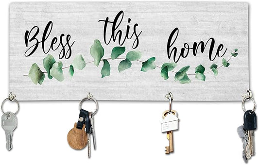 Bless This Home Wooden Key Holder for Wall - 5"x10" Key Organizer Hanger with 4 Hooks for Front Door Hallway Entryway Kitchen - Home Office Decor & Housewarming Gifts Supplies - A01