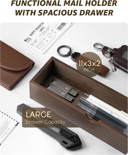 Rebee Vision Farmhouse Wood Mail Organizer Wall Mount - Key and Mail Holder for Wall with Storage Drawer and 7 Key Hooks - Rustic Home Decor for Entryway, Office and Garage (Retro Brown)