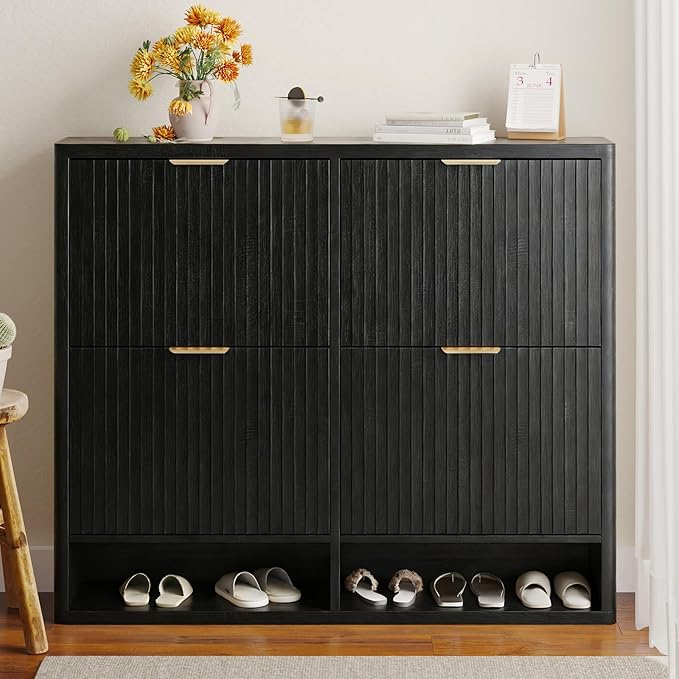Shoe Storage Cabinet for Entryway with 4 Flip Drawers, 47.2" Large Modern Freestanding Shoe Organizer with Fluted Doors & Hidden Shoe Rack - Slim Enclosed Shoe Rack for Hallway (Black)
