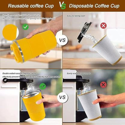 YINBAOGE Insulated Travel Coffee Mug, Spill & Leak Proof, Portable To Go Camping Stainless Steel Coffee Tumbler, Reusable Thermal Coffee Cup with Lid for Hot & Cold Drinks (Yellow, 17 OZ)