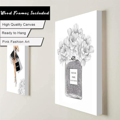 Glam Gray Fashion Wall Decor, FRAMED Woman Makeup Room Wall Art, Fashion Silver Girly Beauty Room Picture Wall Decor for Office Bedroom Bathroom, Watercolor Perfume Handbags High Heels Lipstick Wall Paintings, Ready to Hang (Set of 6, 8x10 in, Framed)