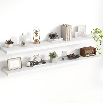 Acovy 55 Inch Floating Shelves, 8 Inch Deep Floating Shelves for Wall, Hanging Shelf with Invisible Brackets, Deep Shelves for Bathroom, Bedroom, Living Room, White, Set of 2
