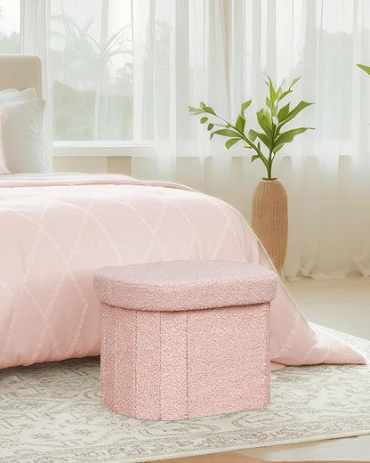 B FSOBEIIALEO Storage Ottoman for Dorm Room, Boucle Folding Storage Ottoman Foot Rest, 16.14 Inches Small Collapsible Ottoman Cube for Living Room Pink