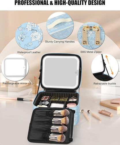 Relavel Travel Makeup Bag With LED Mirror for Women, Cosmetic Organizer Bag with Adjustable Brightness in 3 Color Scenarios, Detachable Dividers, Waterproof Train Case for Daily - White Flower