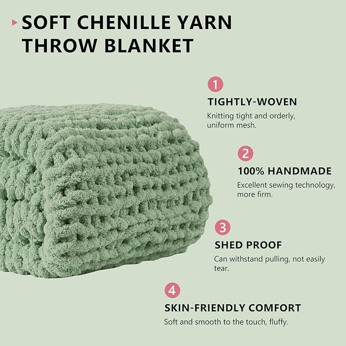 L'AGRATY Chunky Knit Blanket Throw: 72''x84'' Chenille Chunky Knitted Throw Blankets for Bed Couch - Handmade Thick Big Cable Knit Blanket - Large Crochet Blankets for Home Decor(Sage Green)