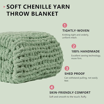 L'AGRATY Chunky Knit Blanket Throw: 72''x84'' Chenille Chunky Knitted Throw Blankets for Bed Couch - Handmade Thick Big Cable Knit Blanket - Large Crochet Blankets for Home Decor(Sage Green)