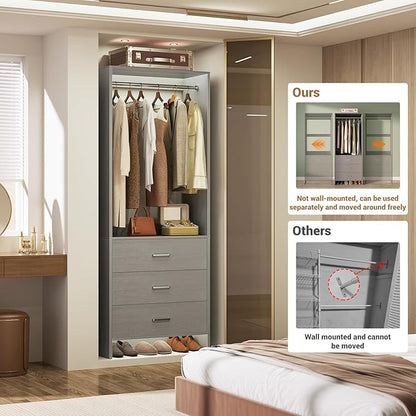 Aheaplus 2FT Closet System with 3 Drawers, 24’’ Closet Organizer, Wood Closet Organizer System, Walk-in Closet or Small Closets Wardrobe, Clothes Rack with Hanging Rods,-E6, Grey