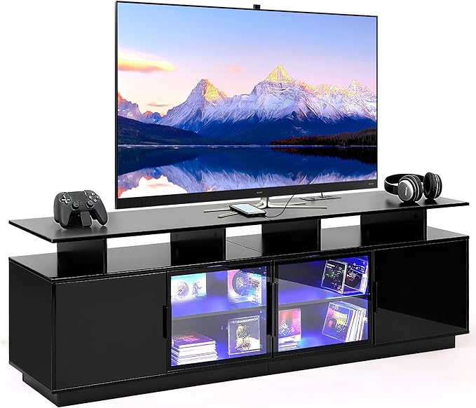 70 Inch Black TV Stand for Living Room, LED Entertainment Center for Gaming, Modern TV Cabinet Console, Transparent Glass Door Storage Cabinet
