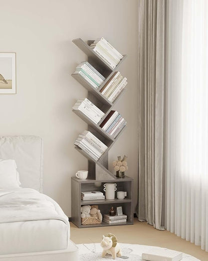 SUNMORY 6 Tier Tree Bookshelf, Tall Bookcase with Storage Cabinet, Modern Narrow Bookshelves Organizer, Floor Standing Book Shelf for Bedroom/Living Room/Home Office/Corner, Grey