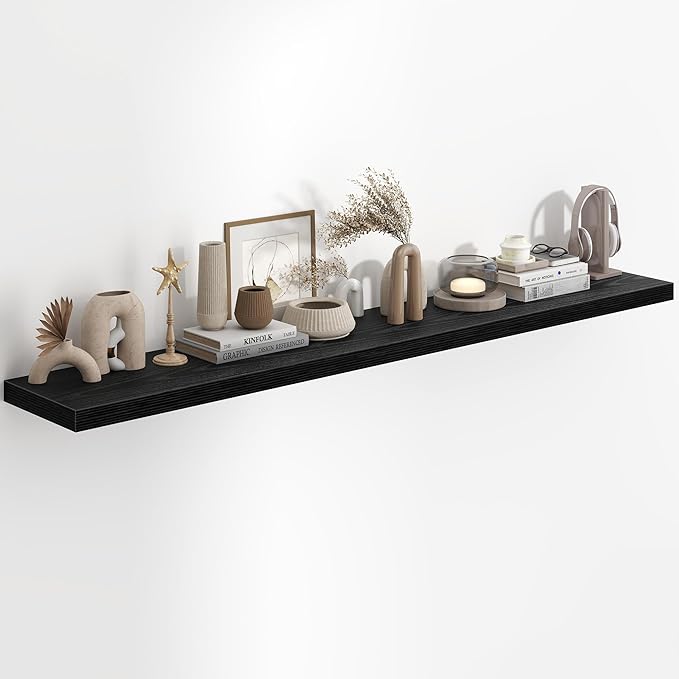 Fun Memories 72 Inch Long Floating Shelves for Wall, 72x9.3 Large Floating Shelf for Bedroom, Kitchen, Bathroom, Wall Mounted Rustic Wood Shelves with Invisible Bracket for Books, Decor, Black