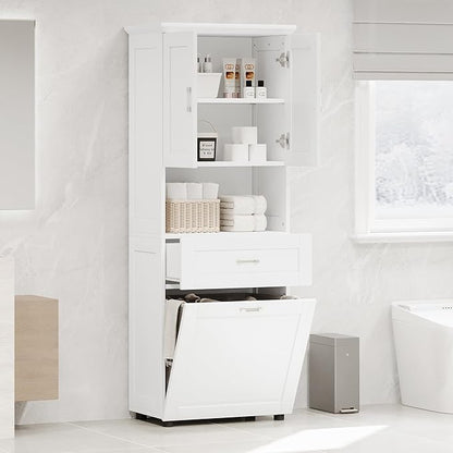 70" Tall Bathroom Storage Cabinet with Two Doors and Drawer, Open Space and Laundry Hampers for Home Display Organizer, Removable Laundry Basket, Adjustable Shelf, White