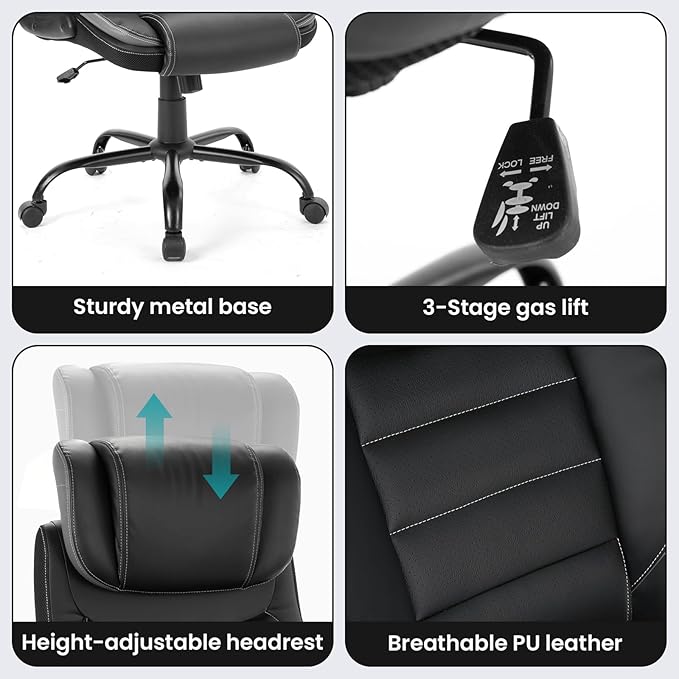Big and Tall Executive Office Chair 400lbs for Heavy People, Ergonomic Computer Desk Chair with Lumbar Support & Adjustable Headrest, Comfy High Back Leather Office Chairs for Back Pain Relief, Grey