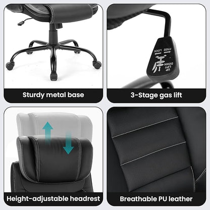 Big and Tall Executive Office Chair 400lbs for Heavy People, Ergonomic Computer Desk Chair with Lumbar Support & Adjustable Headrest, Comfy High Back Leather Office Chairs for Long Sitting, Grey