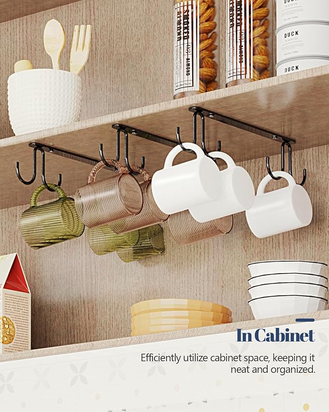 Luckinow Mug Hooks Under Cabinet 3 Pack, Metal Cup Hooks for Hanging Under Shelf, Mug Organizer Rack with 12 Hooks for Displaying Mugs, Coffee Cups and Kitchen Utensils, Black