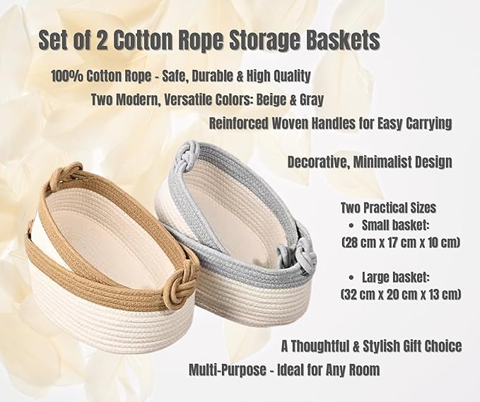 Set of 2 Cotton Woven Baskets 100% – Decorative Storage Set, Easy to Carry, Modern Design in Beige or Gray, Ideal for Bathroom, Bedroom, Living Room, Nursery & Gift Giving