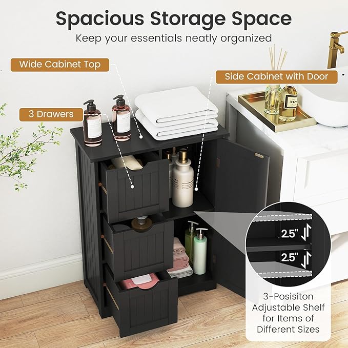 Tangkula Bathroom Floor Cabinet, Freestanding Storage Cabinet with 3 Drawers & Single Door, Adjustable Shelf, Multipurpose Bathroom Storage for Home Office, 23.5 x 12 x 32 Inches (3 Drawers, Black)