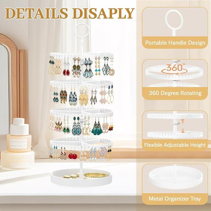 MODOWEY 4 Tier Rotating Earring Holder Organizer Display Tree with Metal Tray, Adjustable Plastic Stand with 228 Slots for Stud Hoop Hanger, Large Capacity Storage Rack for Women Space Saving, White